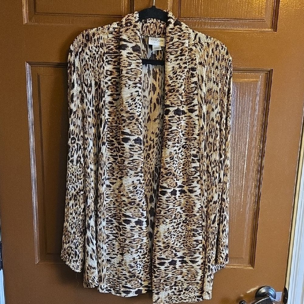 Chico's-Brown,cream,tan animal print open front light jkt Sz L